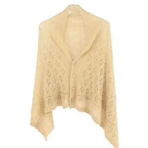 Bohemian Gold Open Knit Cardigan Shawl Poncho Button Down Open Front  Holiday‎